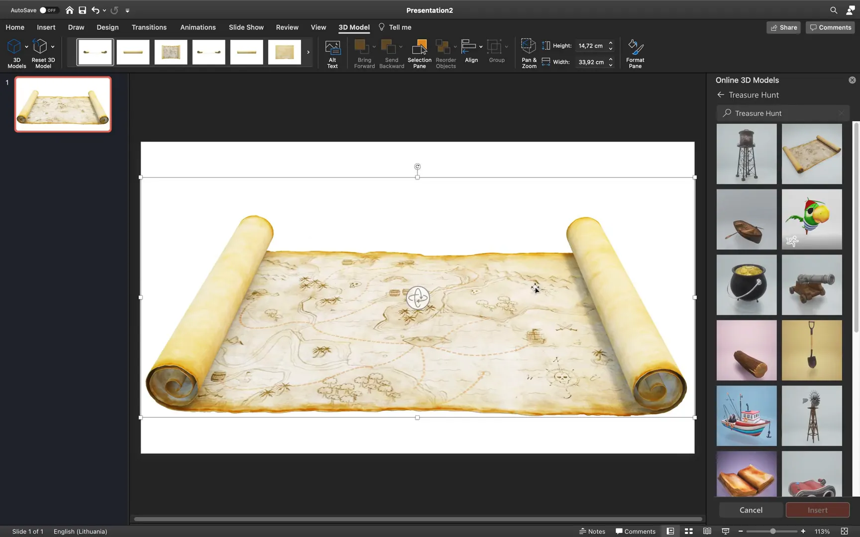 Inserting and centering 3D treasure map model