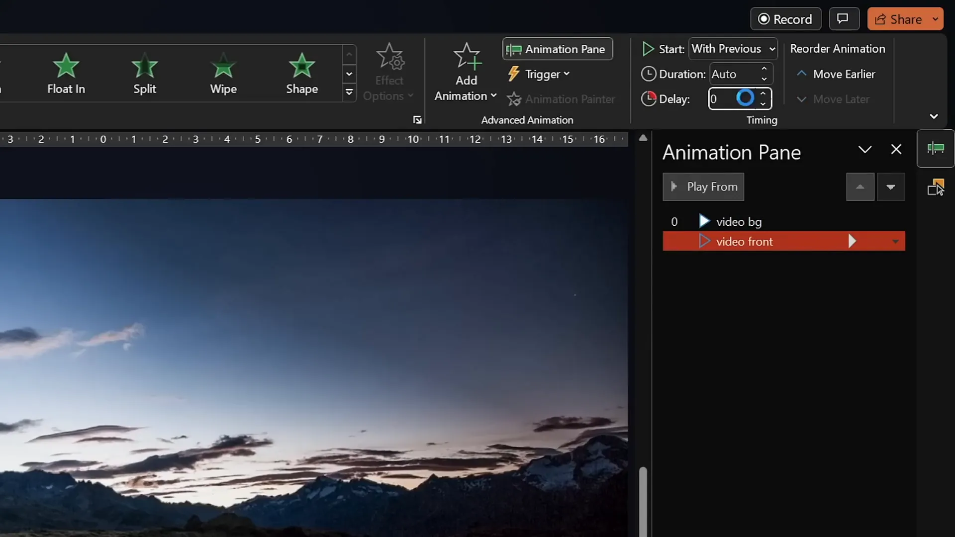 Animation pane showing synchronized video play animations