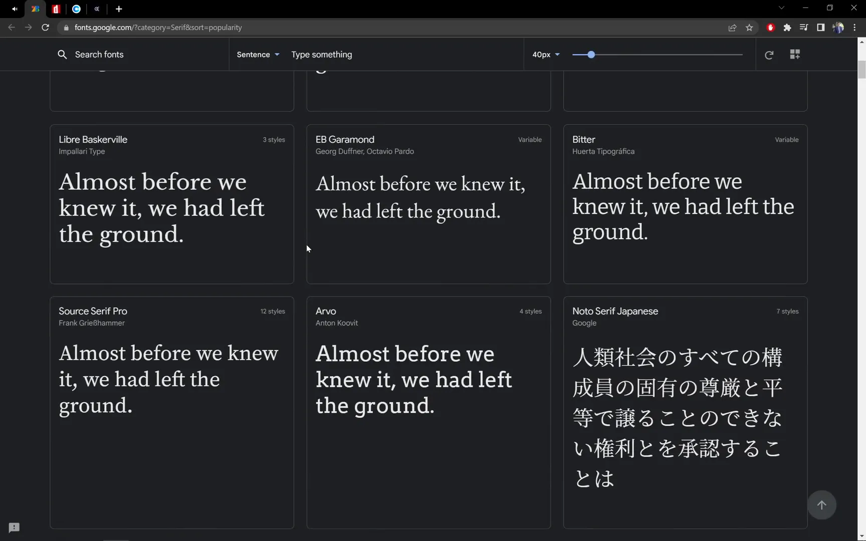 Examples of serif and sans serif fonts on Google Fonts