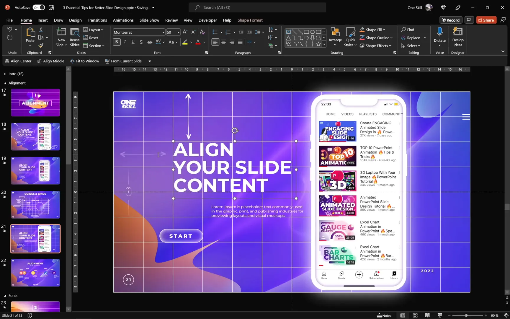 Aligned slide elements using the grid system