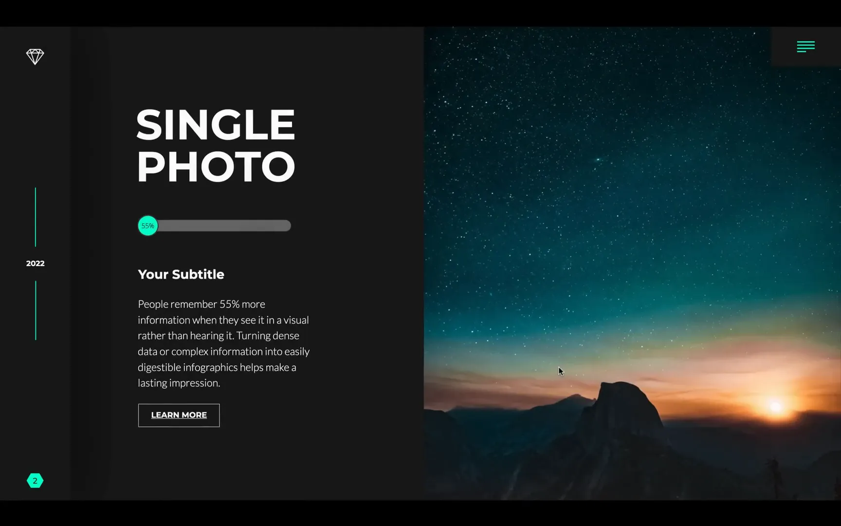 Single photo slide with dynamic graph and learn more button