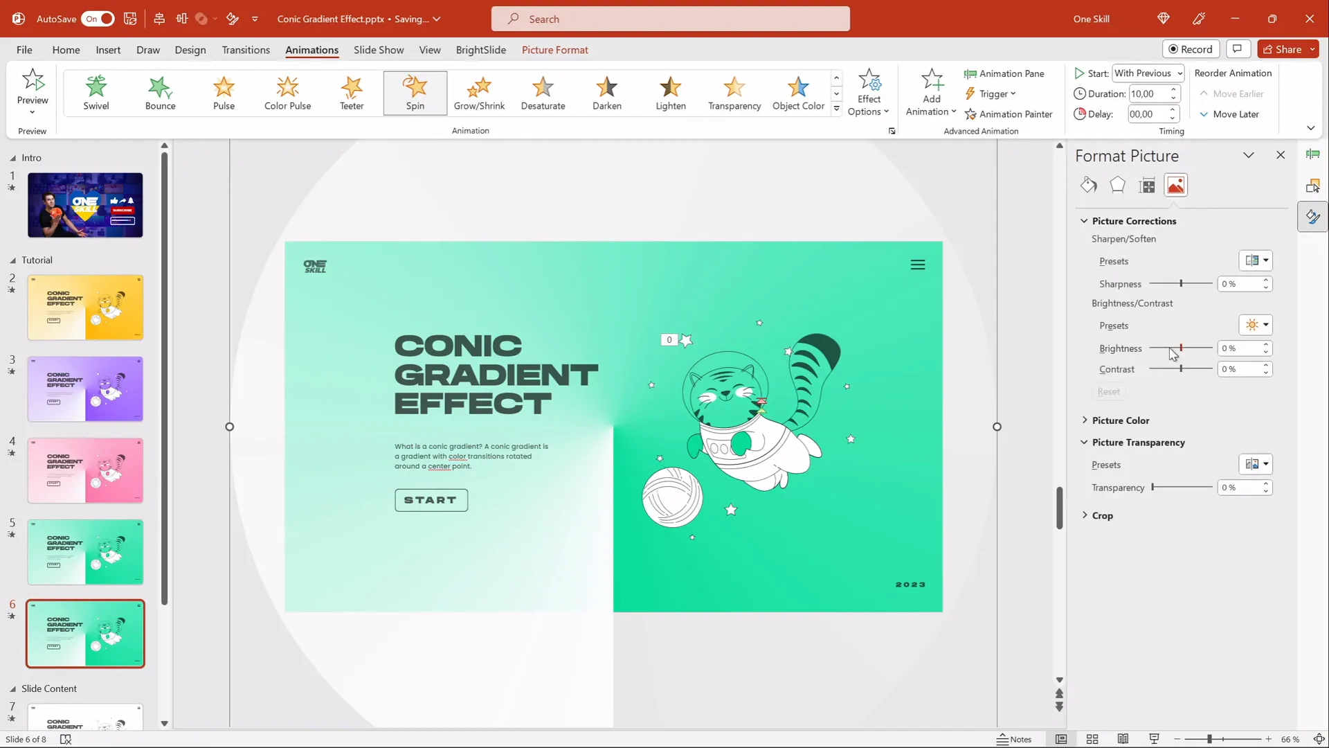 PowerPoint picture correction options showing brightness adjustment to darken gradient