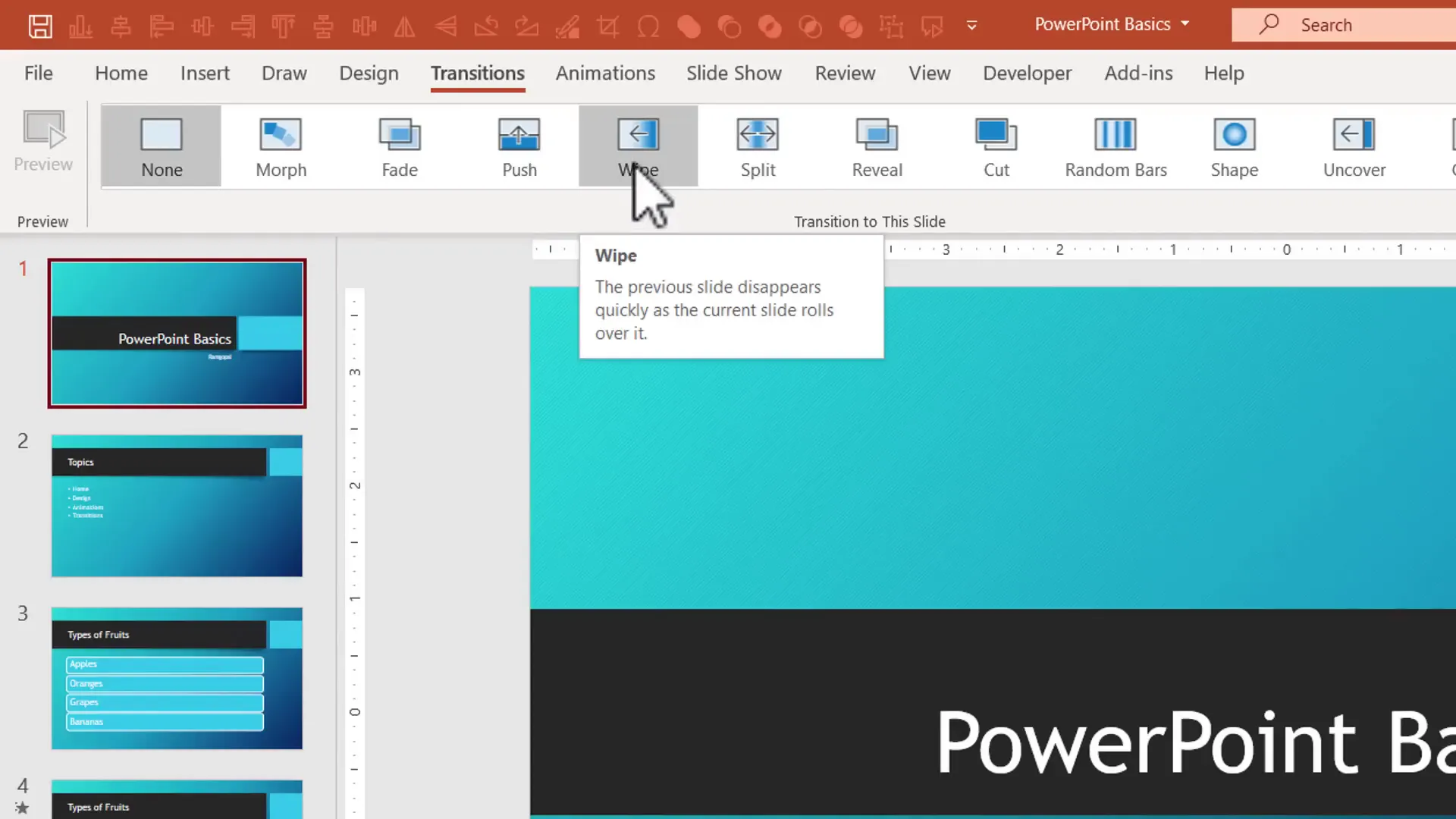Applying wipe transition effect in PowerPoint