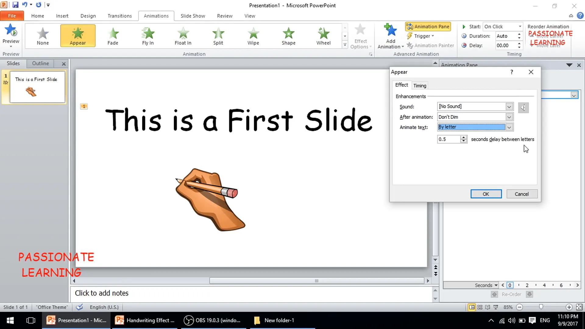Applying typewriter animation to text in PowerPoint