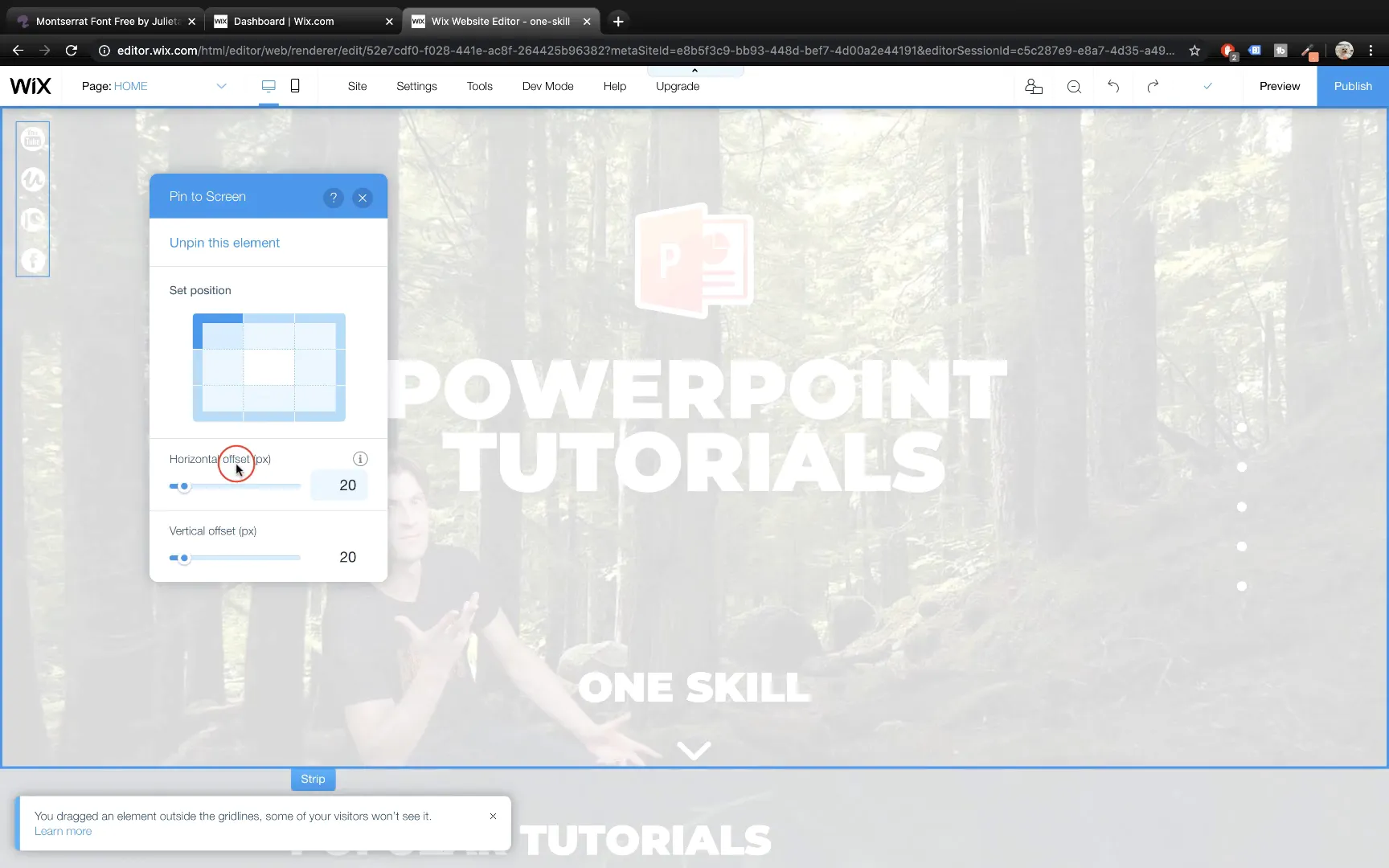 Pinning social icons and menu to screen in Wix