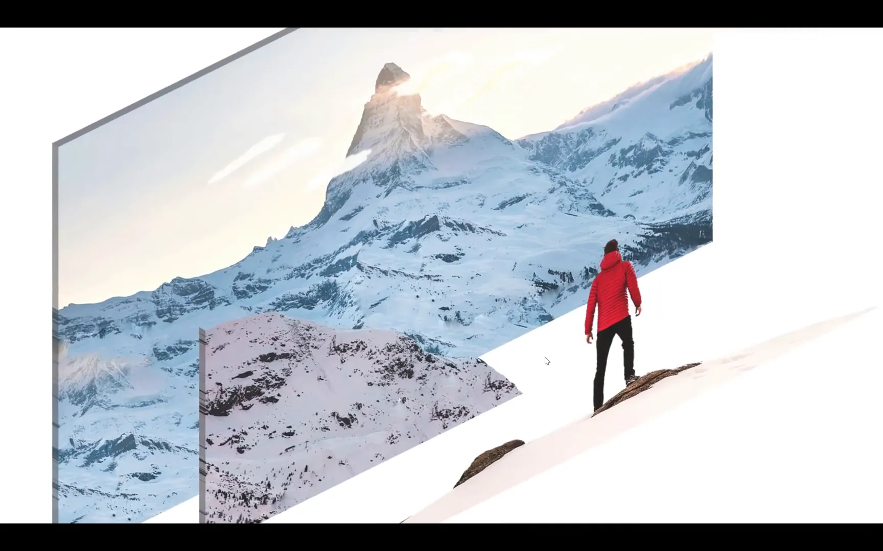 Stacked photo layers: mountains background, mountains left, person foreground
