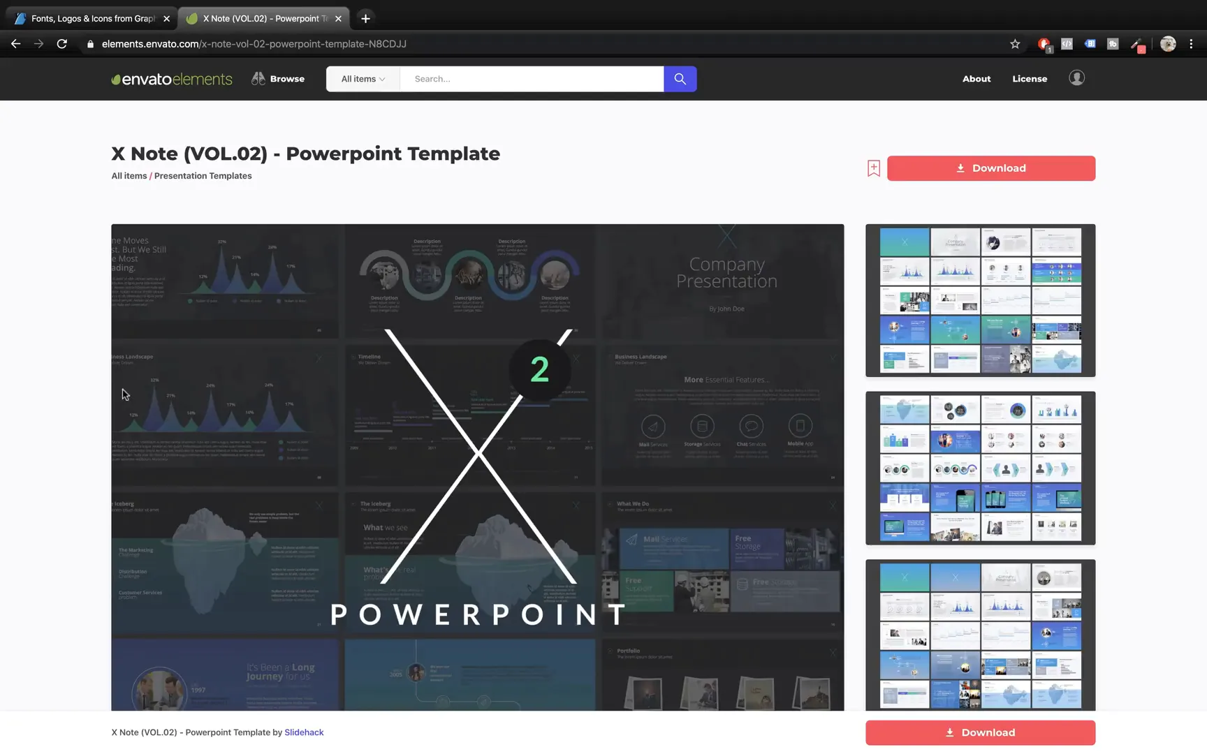 Envato Elements search results showing XNote Volume Two template