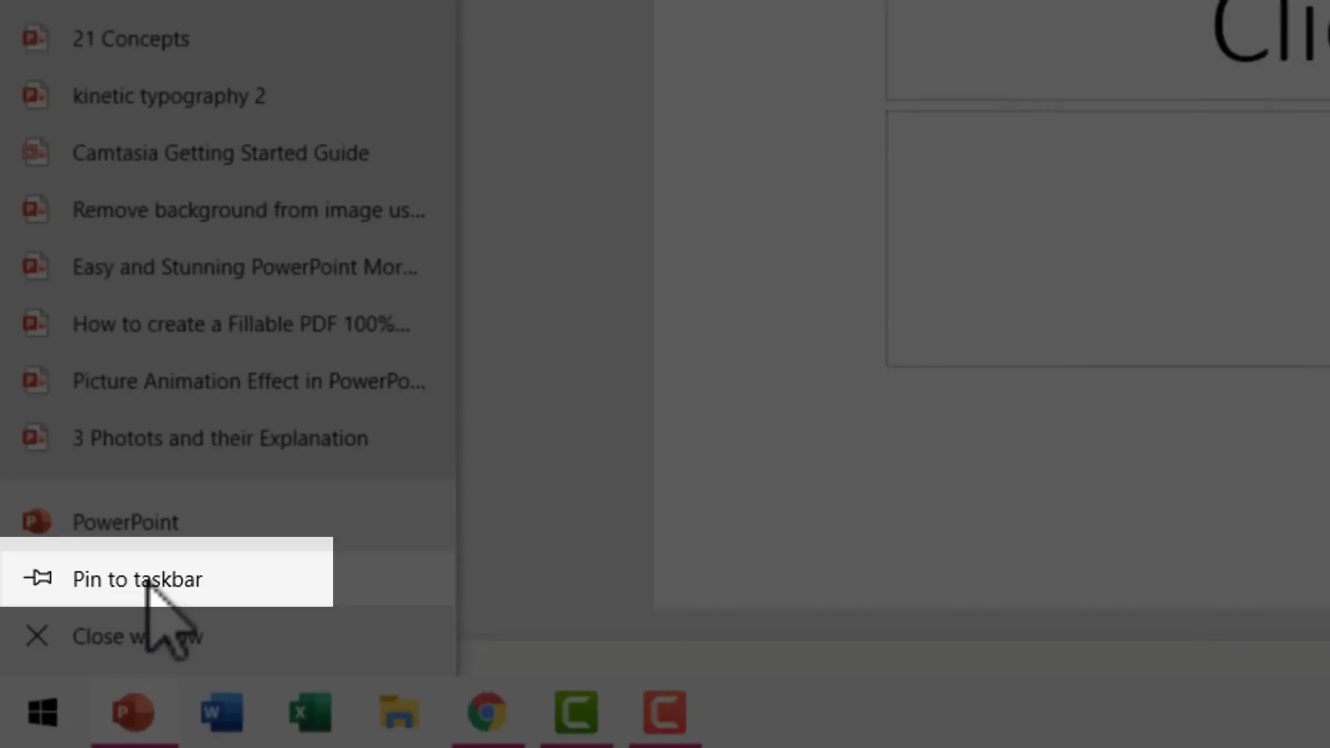 Pin PowerPoint to taskbar option on Windows taskbar