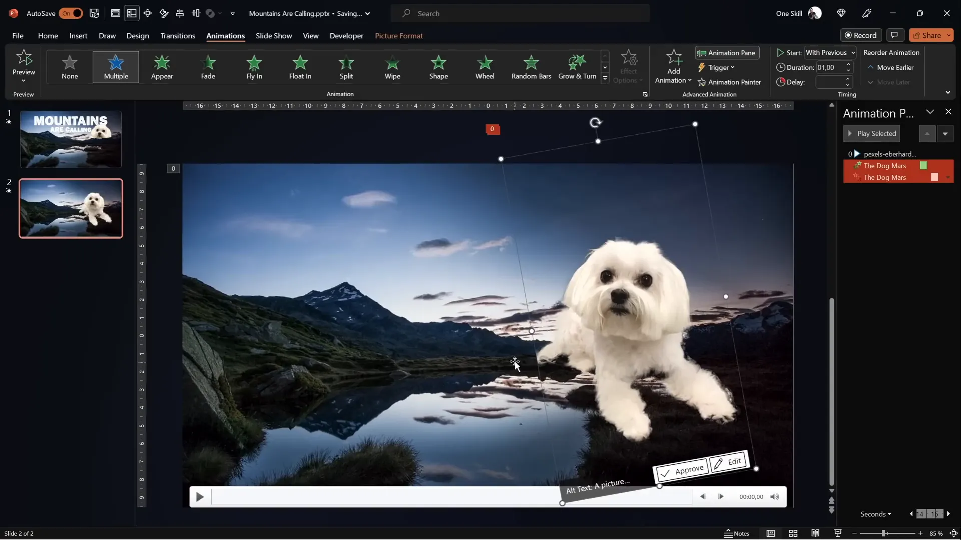 Two video layers with dog Mars appearing between mountains