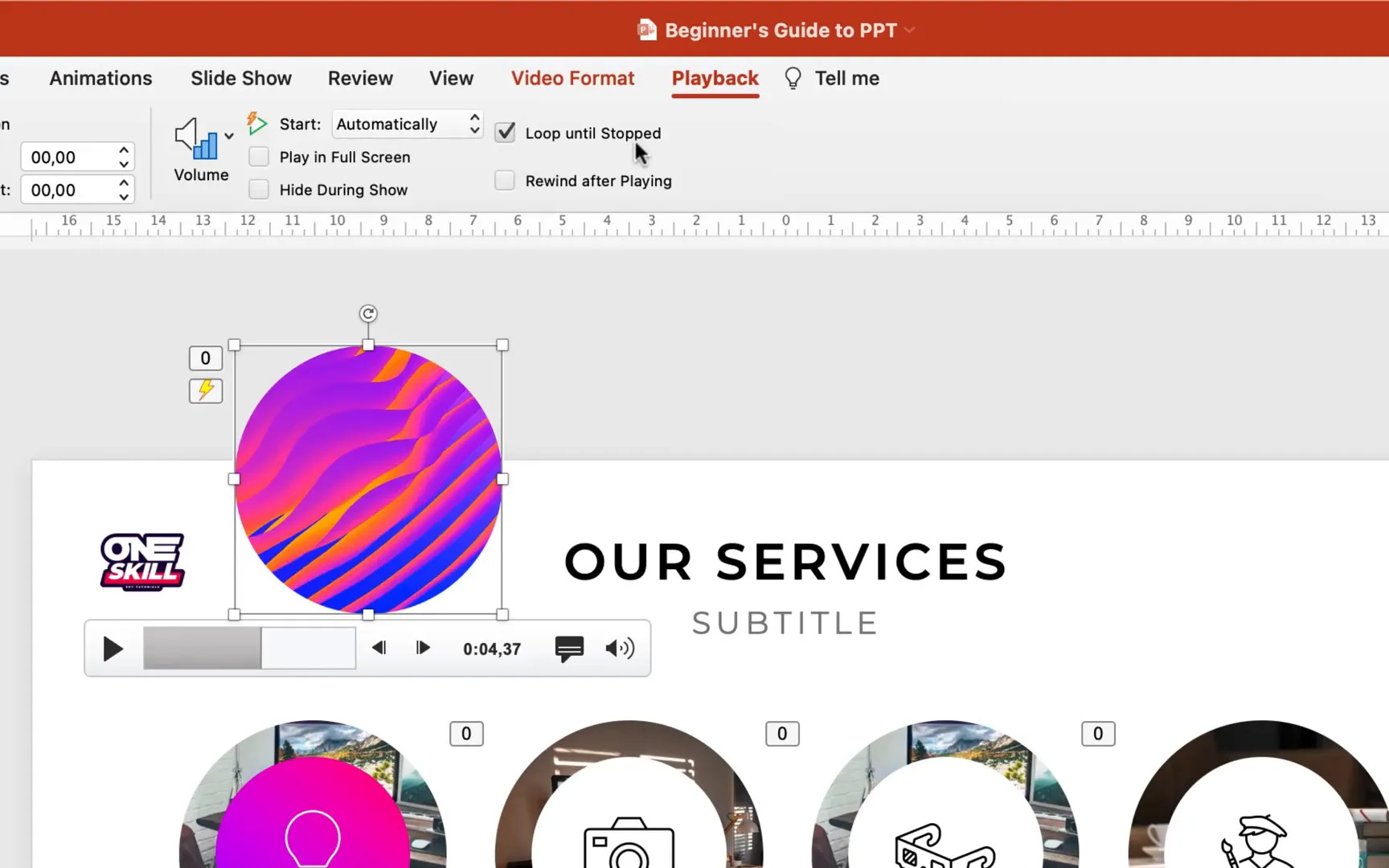 Video cropped into a purple infographic circle in PowerPoint