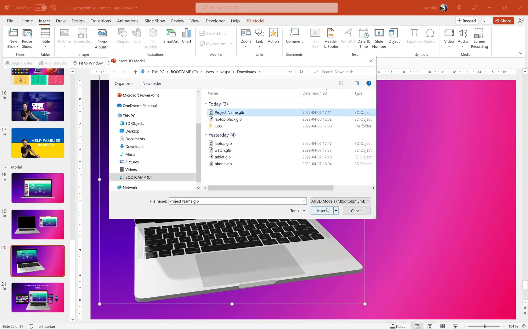 Adjusted lighting on 3D laptop model in PowerPoint