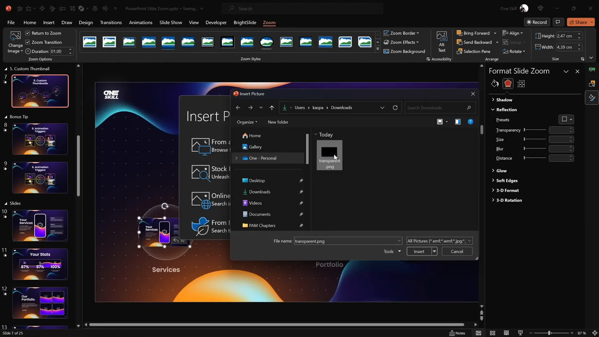 Applying transparent thumbnail to slide zoom