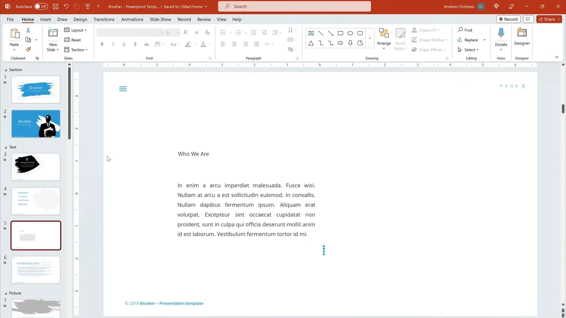 Example slide showing headings and body text with default font
