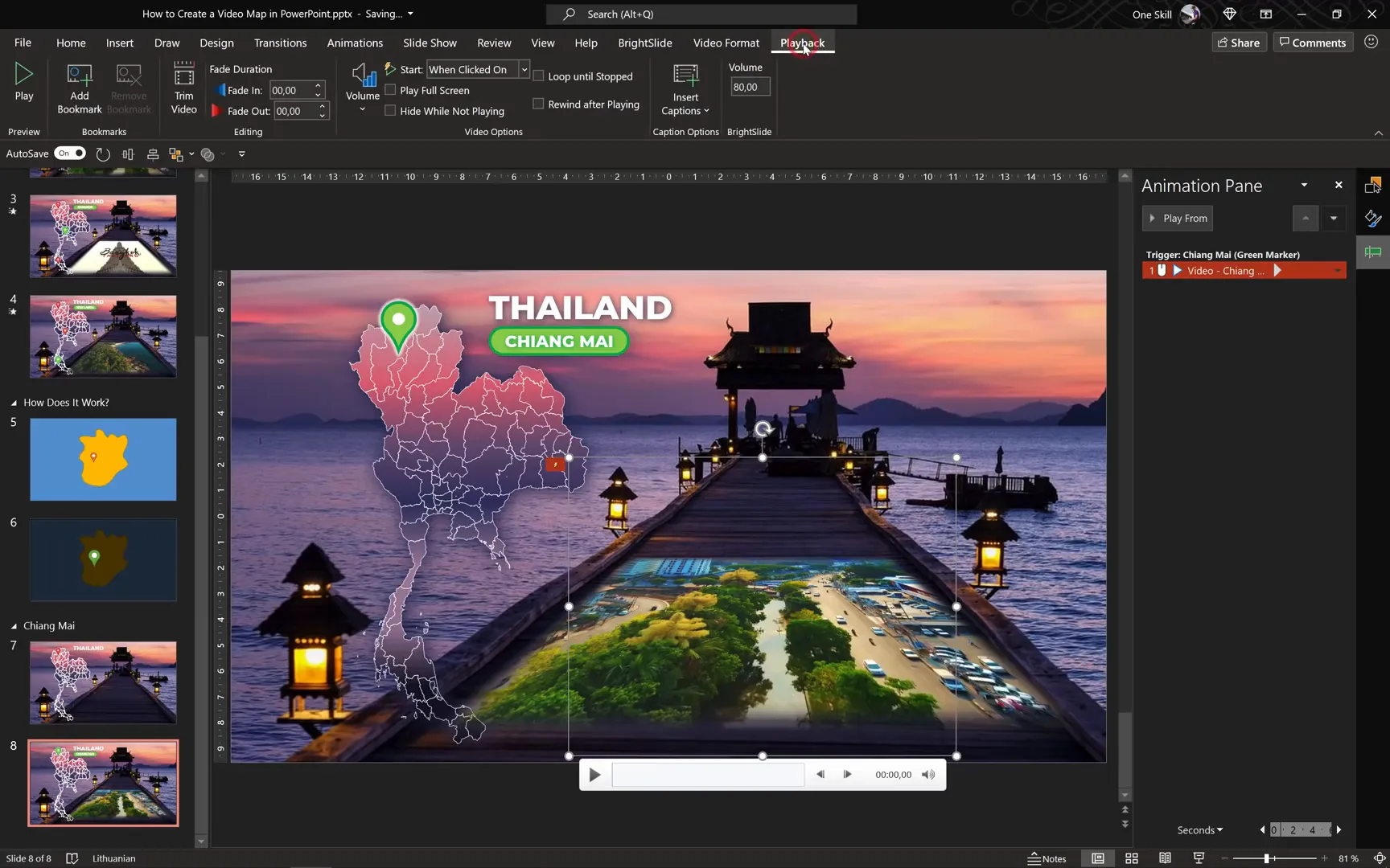 Animation pane showing play animation triggered by green city marker click