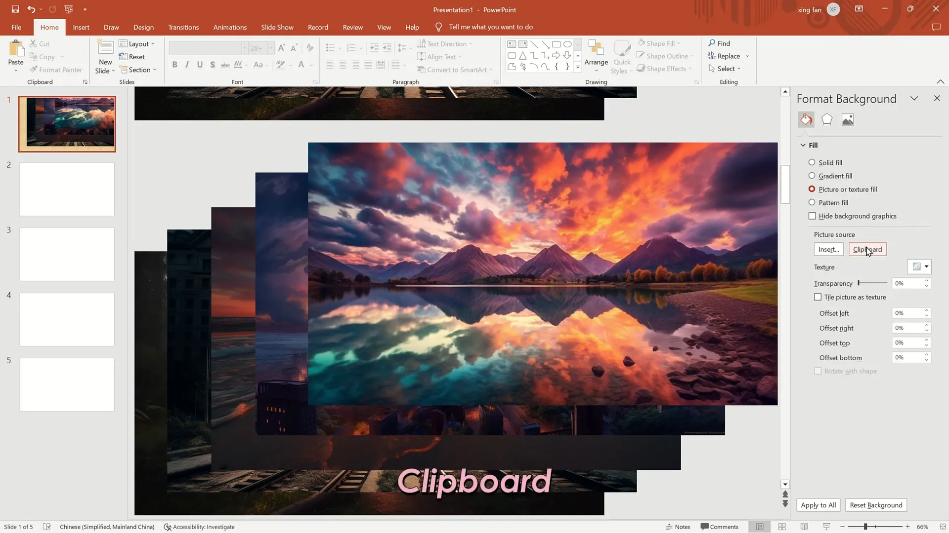 Set images as slide backgrounds using Format Background and clipboard