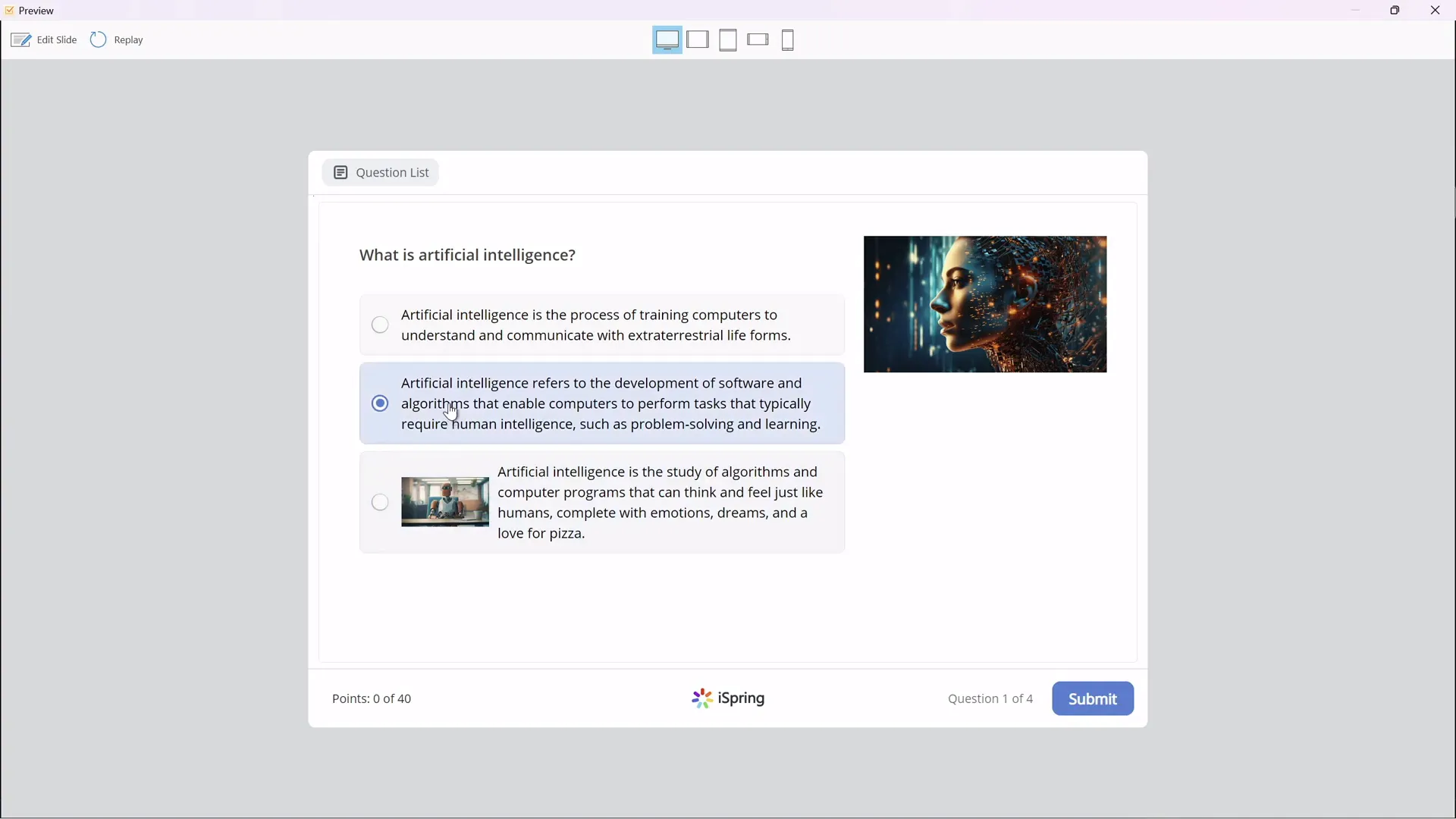 Preview of quiz welcome slide and first question with photo