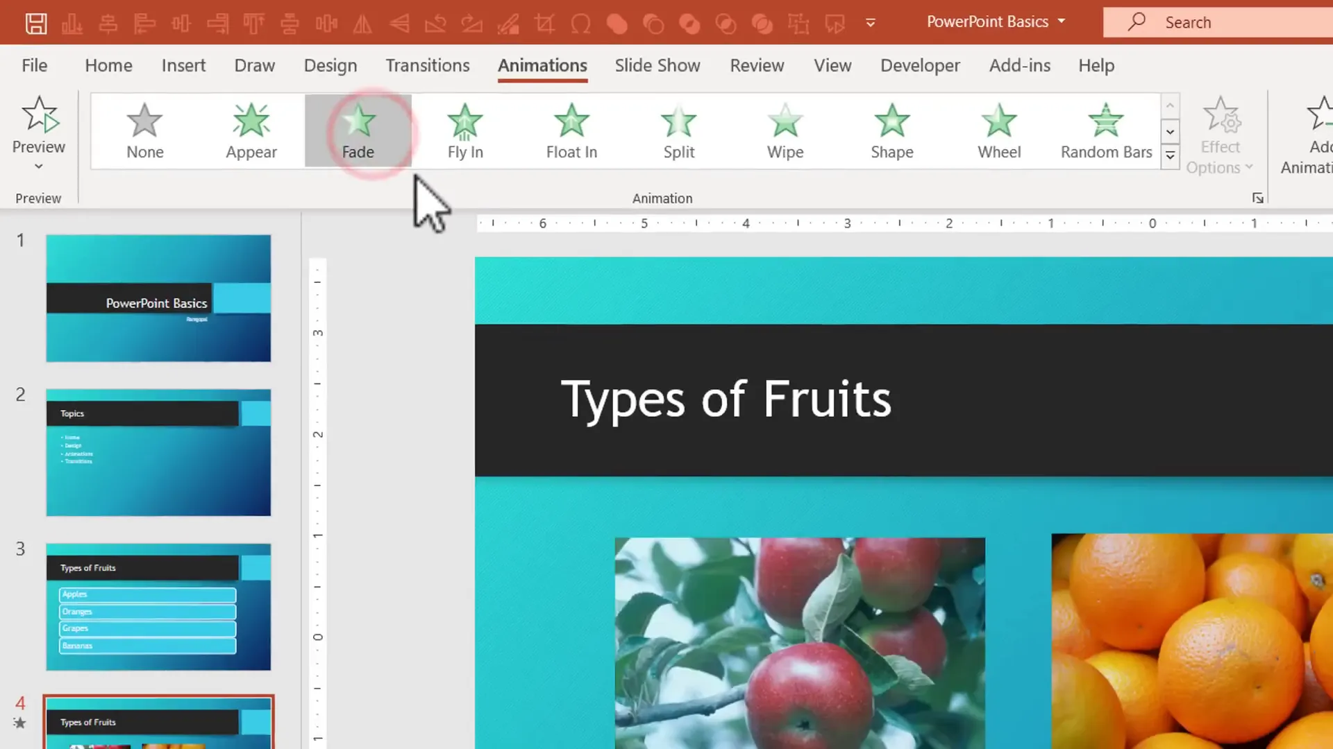 Applying fade animation to slide objects in PowerPoint