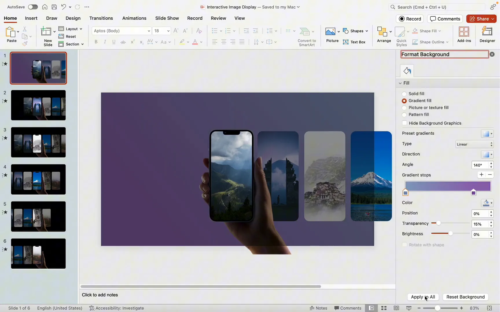 Gradient background applied to slide