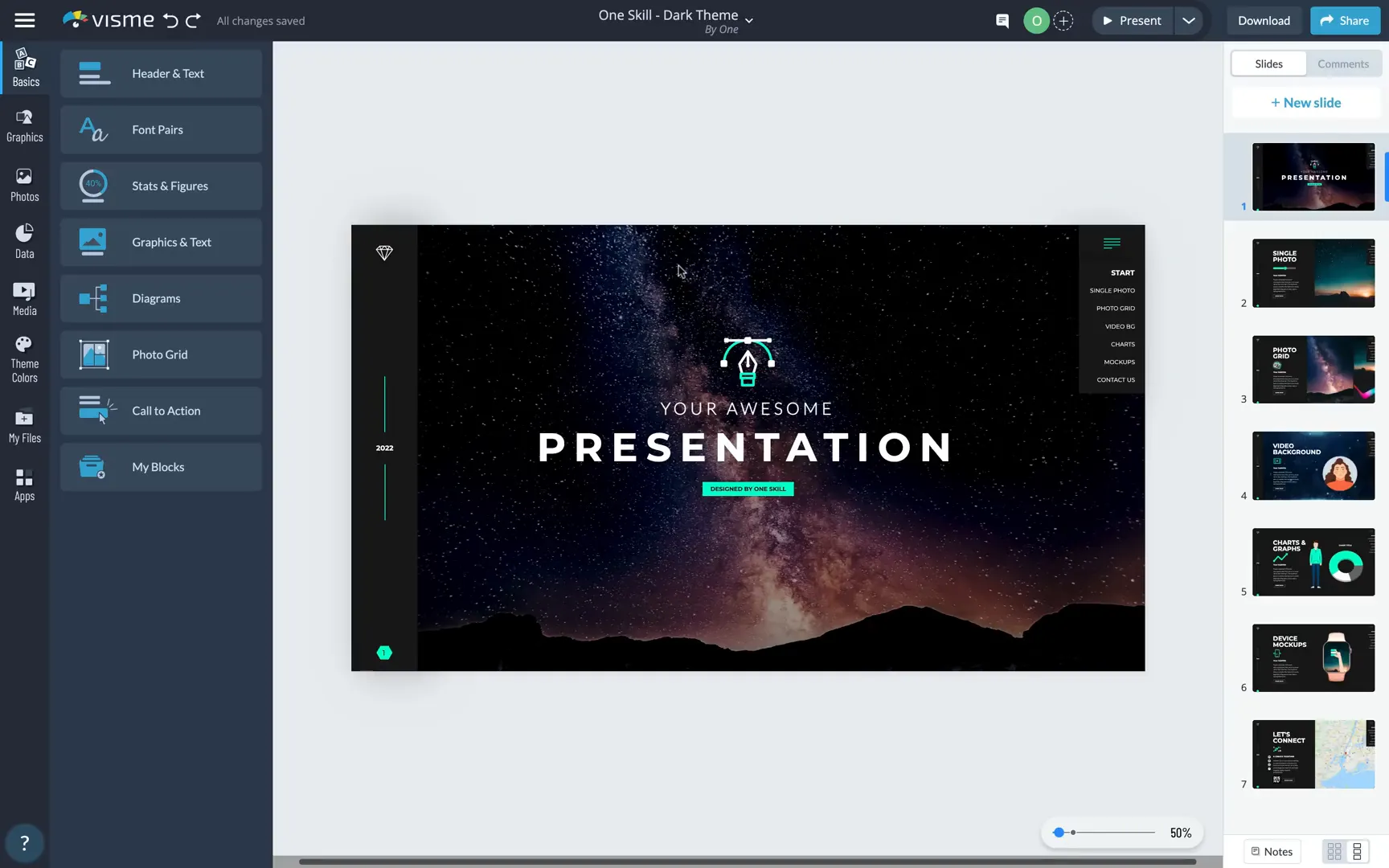 Visme presentation interface with left panel, center canvas, and right slide list