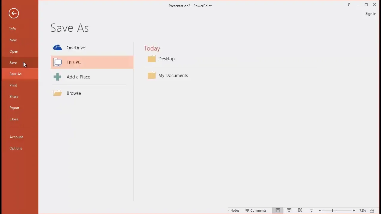 Saving presentation to OneDrive cloud storage