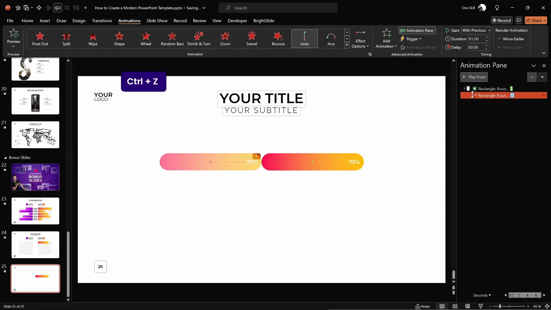 Animation pane showing motion path and wipe animations working together