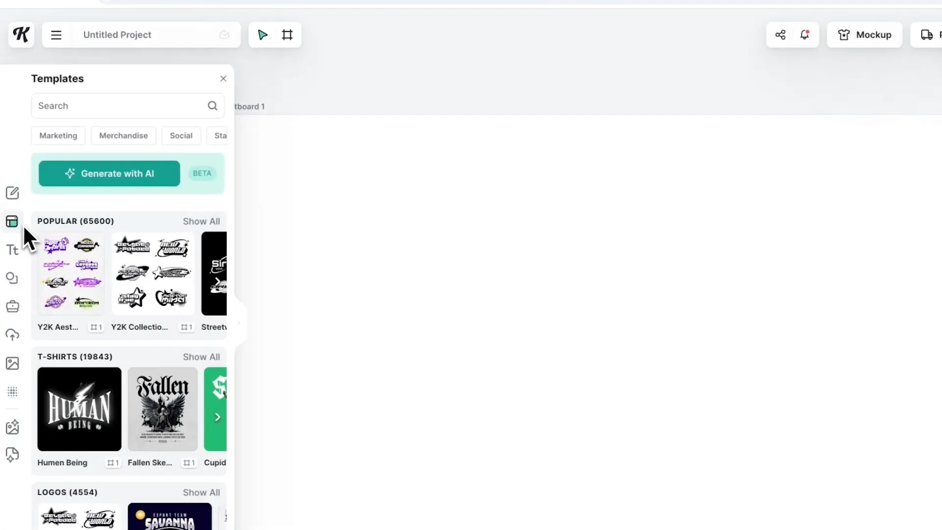 Kittl.com interface showing artboard and templates