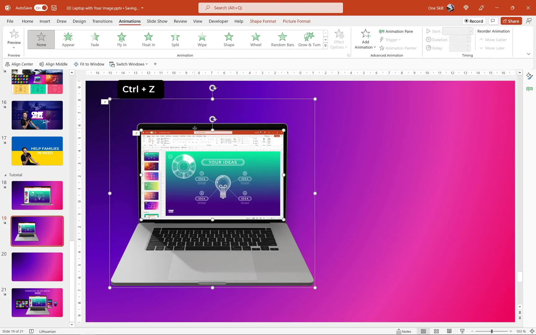 3D model animations pane showing laptop model animations