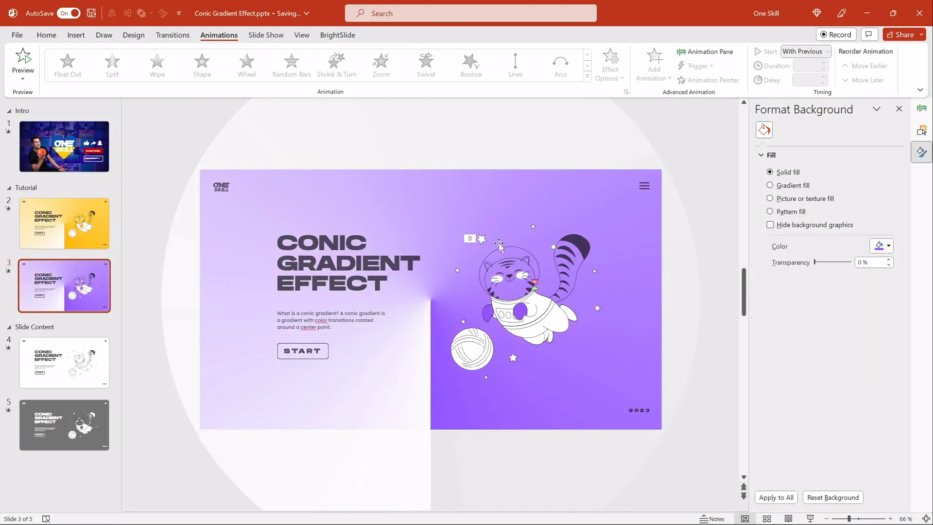 Changing the slide background color to light purple showing different gradient effect