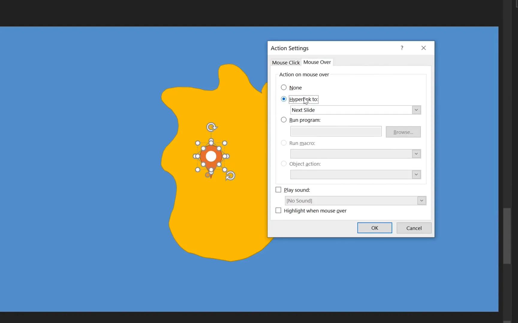 PowerPoint action settings for mouse-over hyperlink to next slide