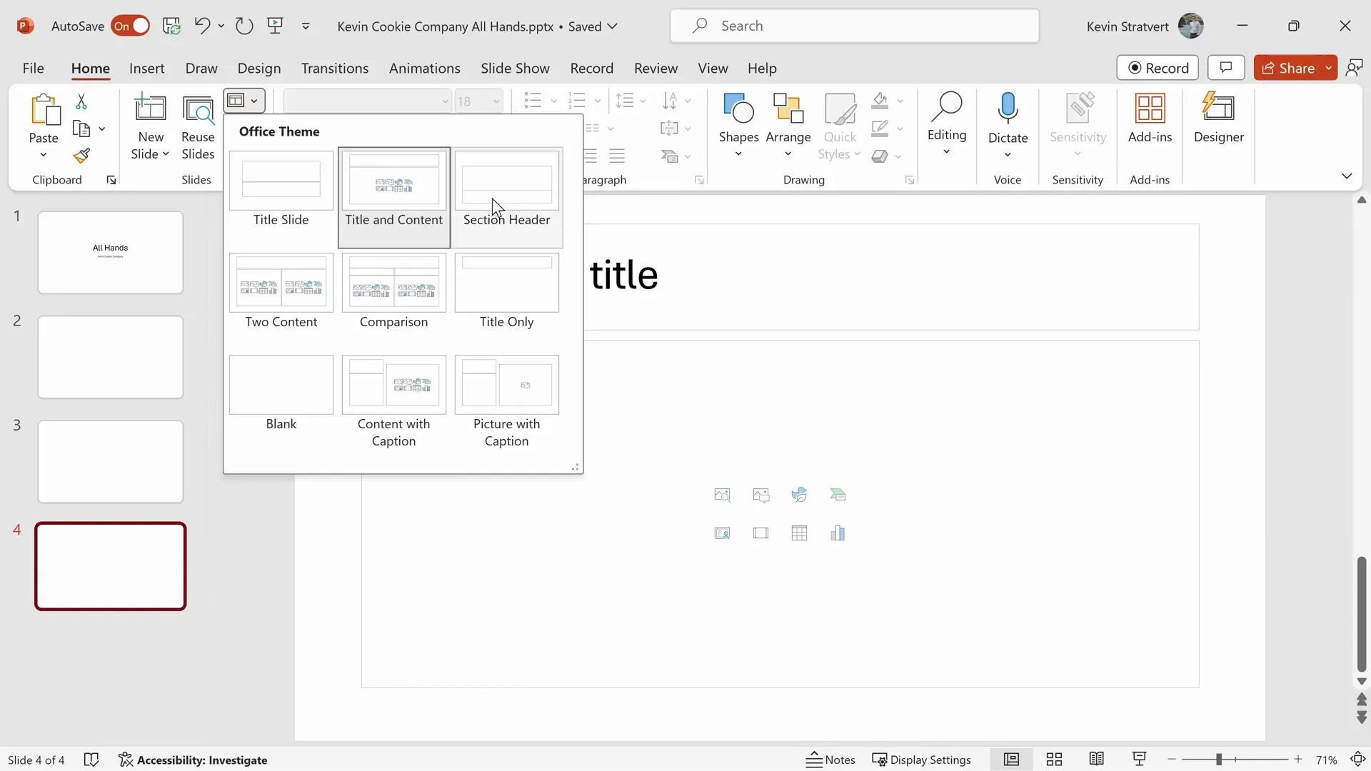 Changing slide layout in PowerPoint using layout dropdown