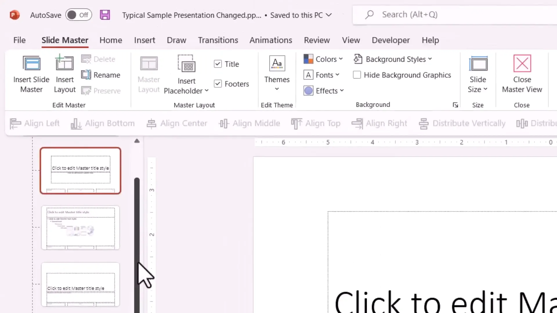 PowerPoint Slide Master view showing theme slide master and layout thumbnails
