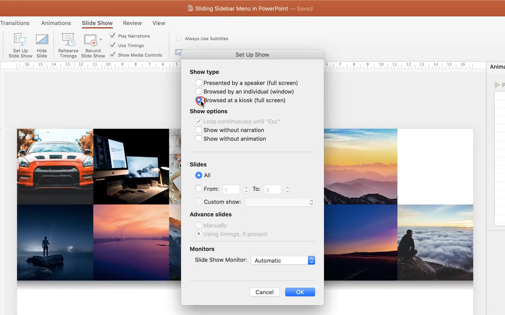 PowerPoint kiosk mode setup for controlled navigation