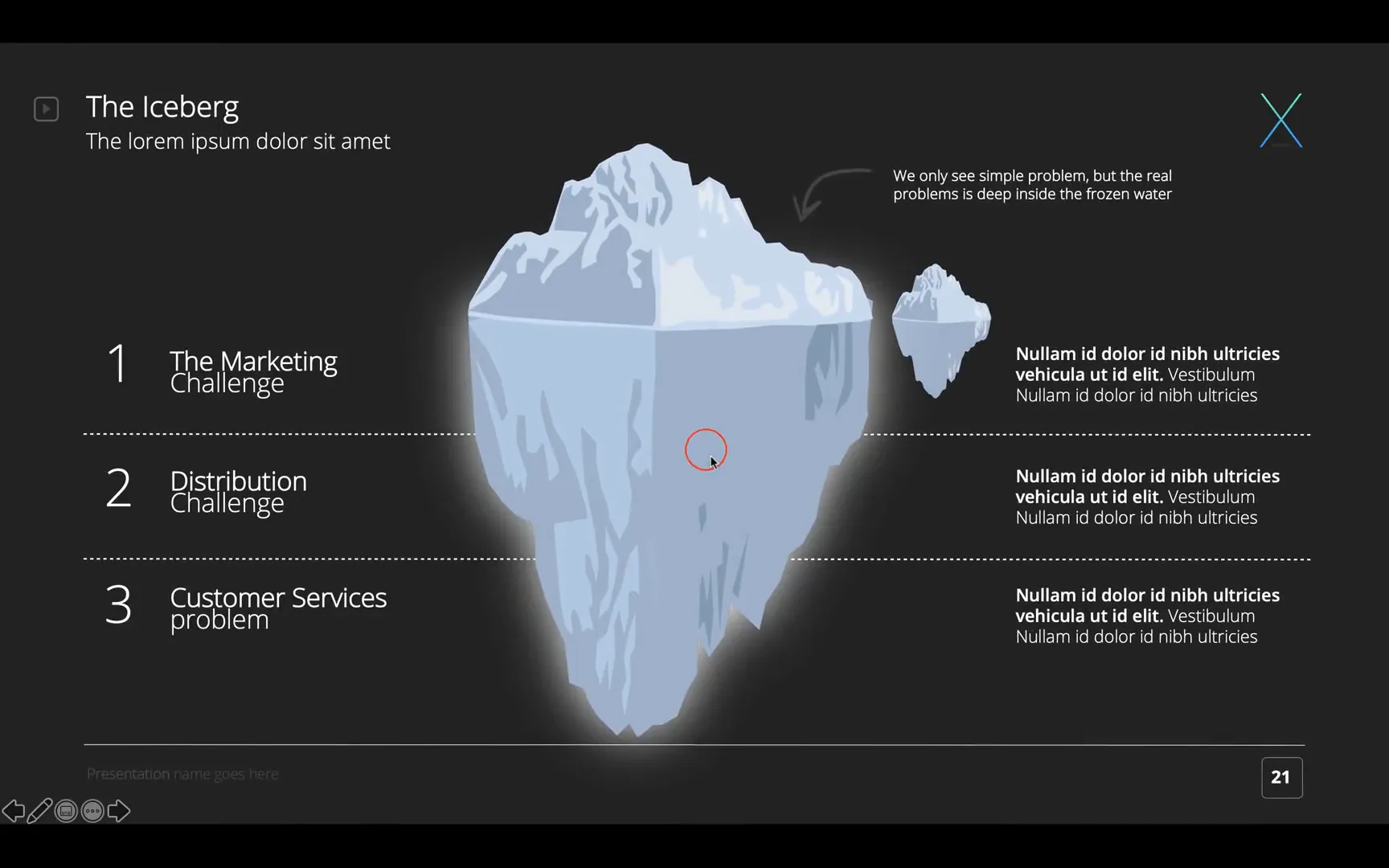 Floating iceberg animation with ripple effects and flying text boxes