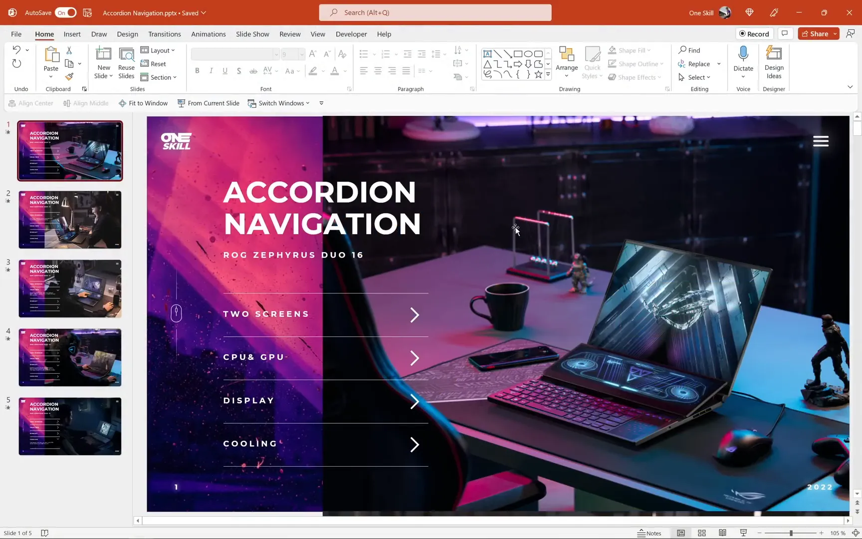 Preview of PowerPoint accordion navigation with morph animation and photo parallax