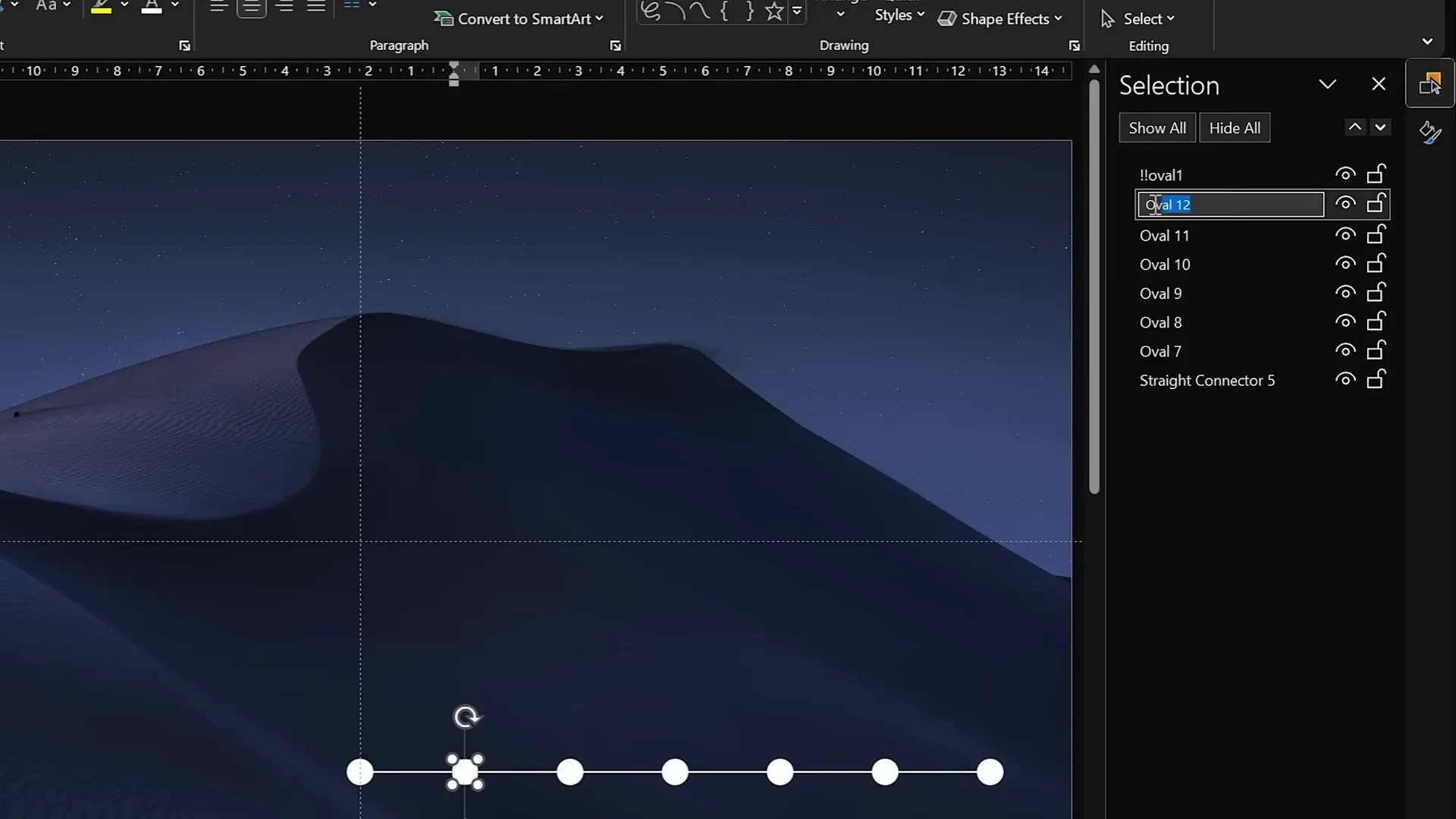 Naming circles in the selection pane with double exclamation marks for Morph animation
