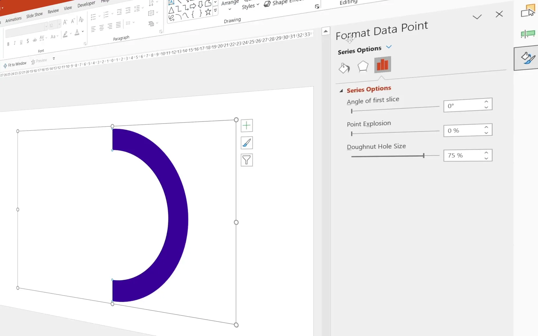 Donut chart with gradient fill and rotation settings applied