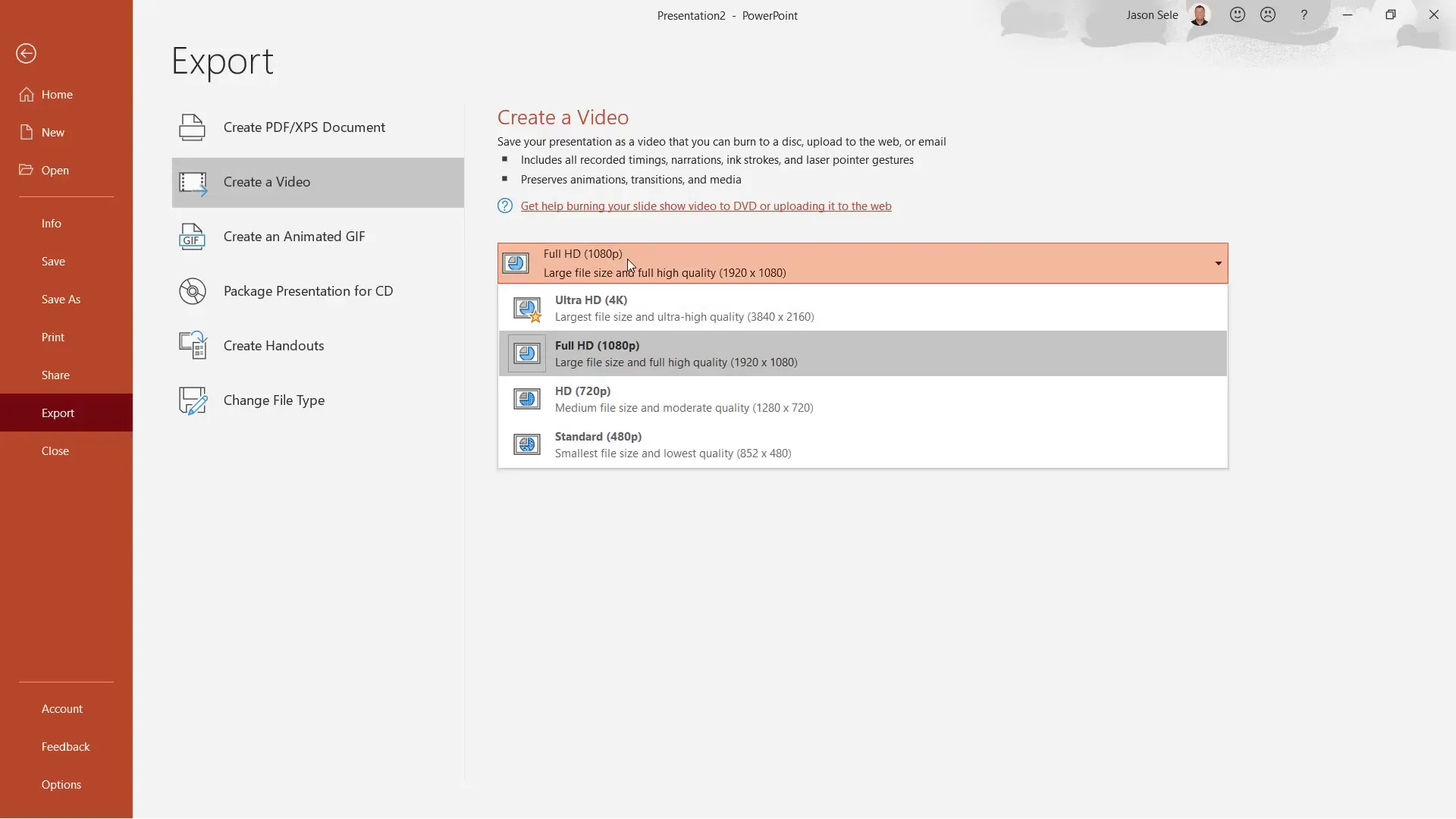 Creating and exporting HD video from PowerPoint presentation