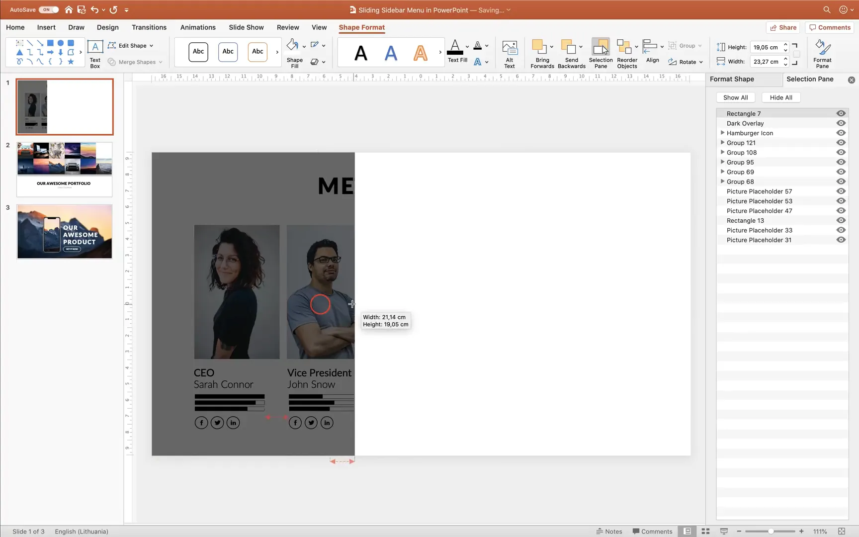 White sidebar rectangle for menu content