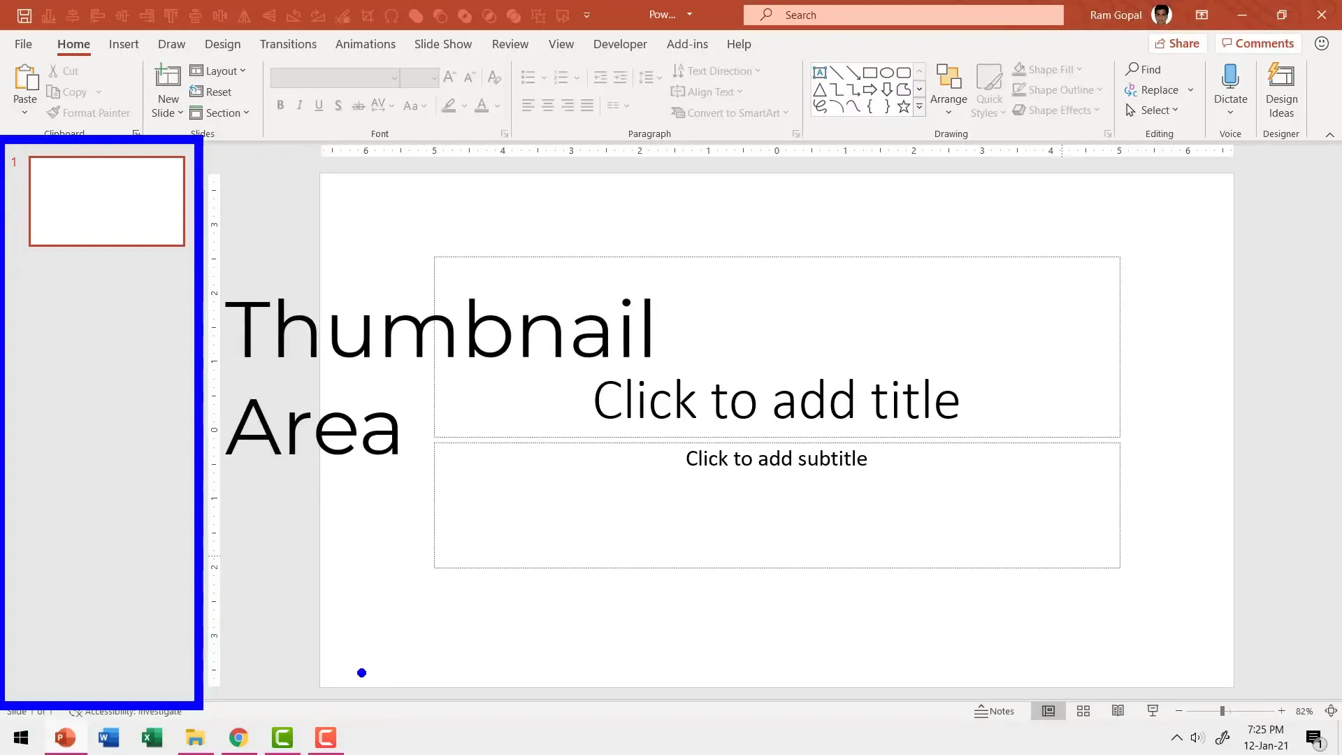 PowerPoint interface highlighting slide area, thumbnail area, ribbon, and status bar