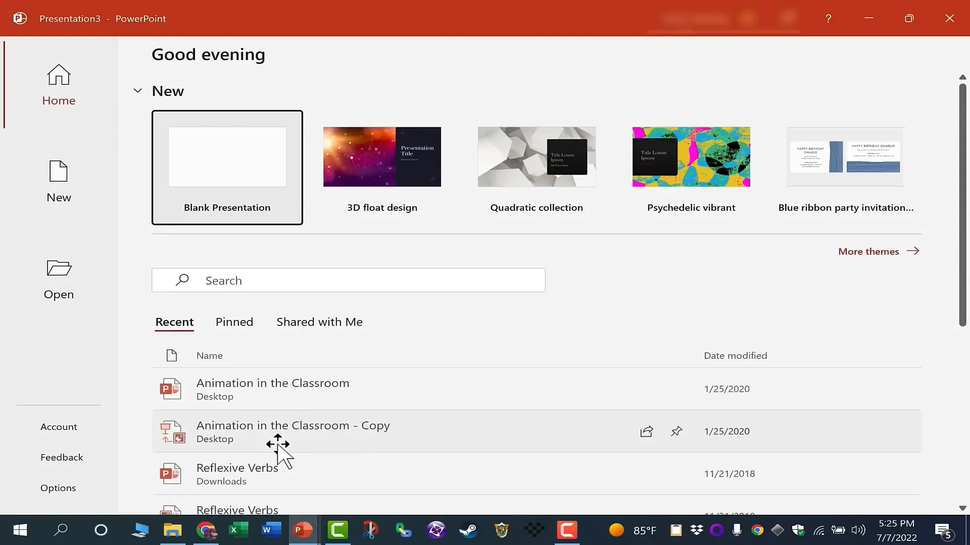 PowerPoint new presentation screen with templates