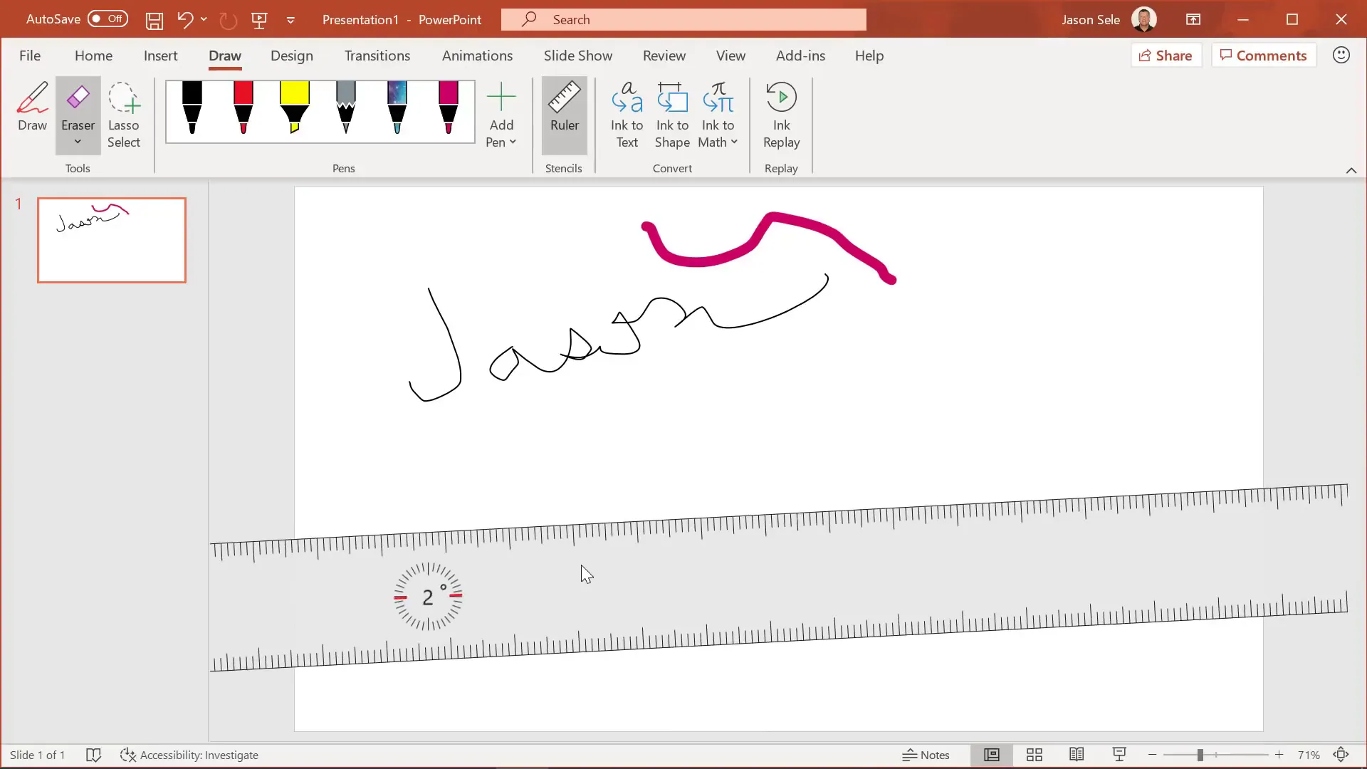 Using the ruler tool in PowerPoint Draw tab for straight lines