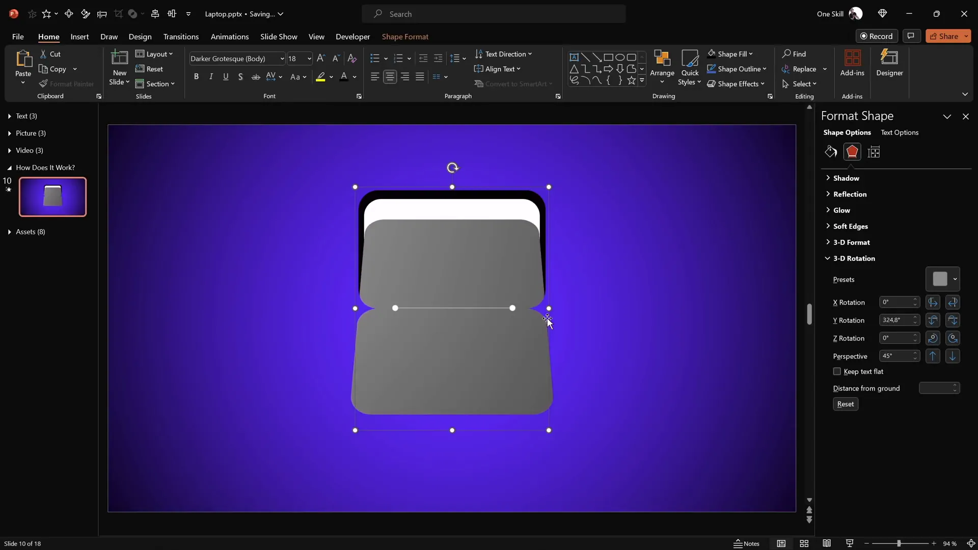 Adjusting rotation axis for keyboard in PowerPoint