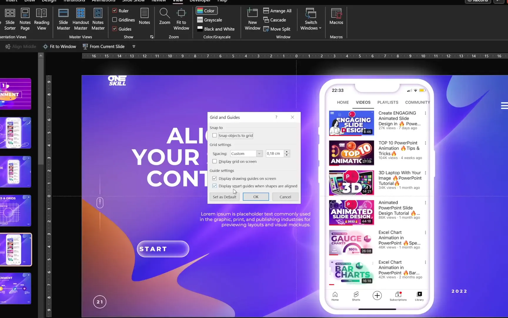 Activating center guides and smart guides in PowerPoint