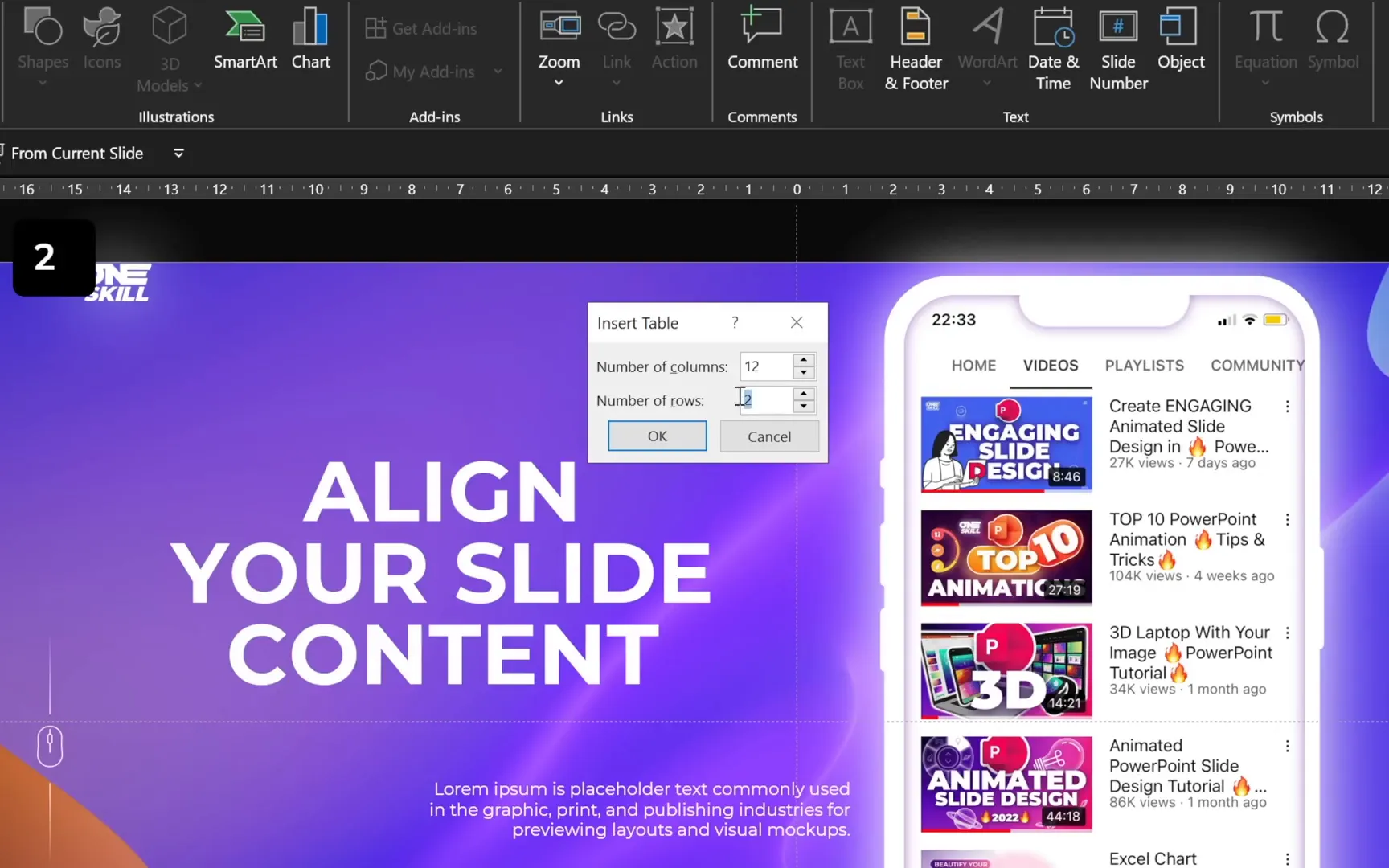 Inserting a 12x8 table to create a grid on slide