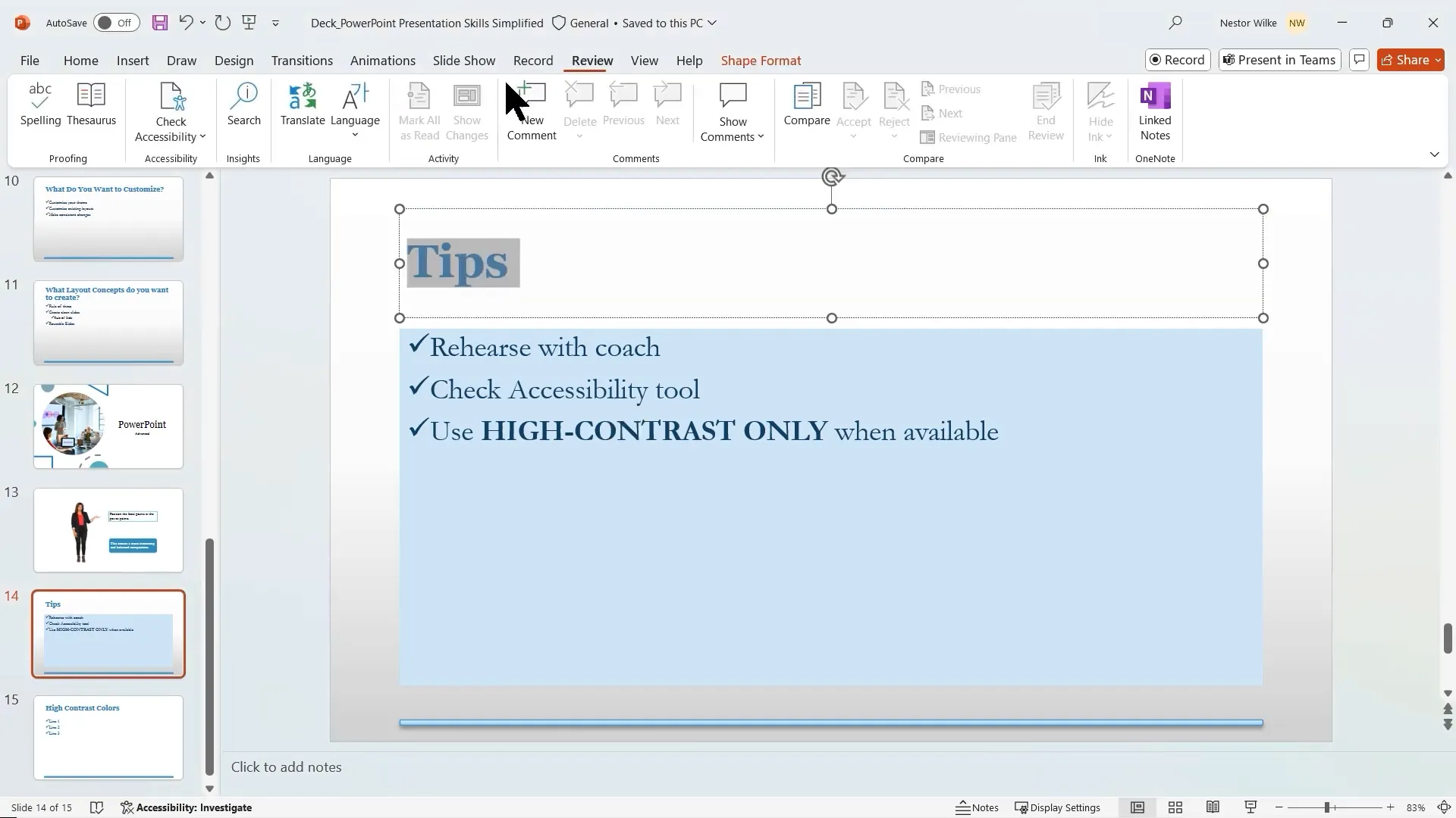 PowerPoint Accessibility Checker pane showing issues and fixes