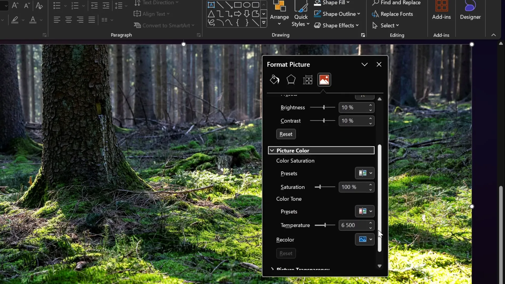 Adjusting photo brightness, contrast, and temperature in PowerPoint