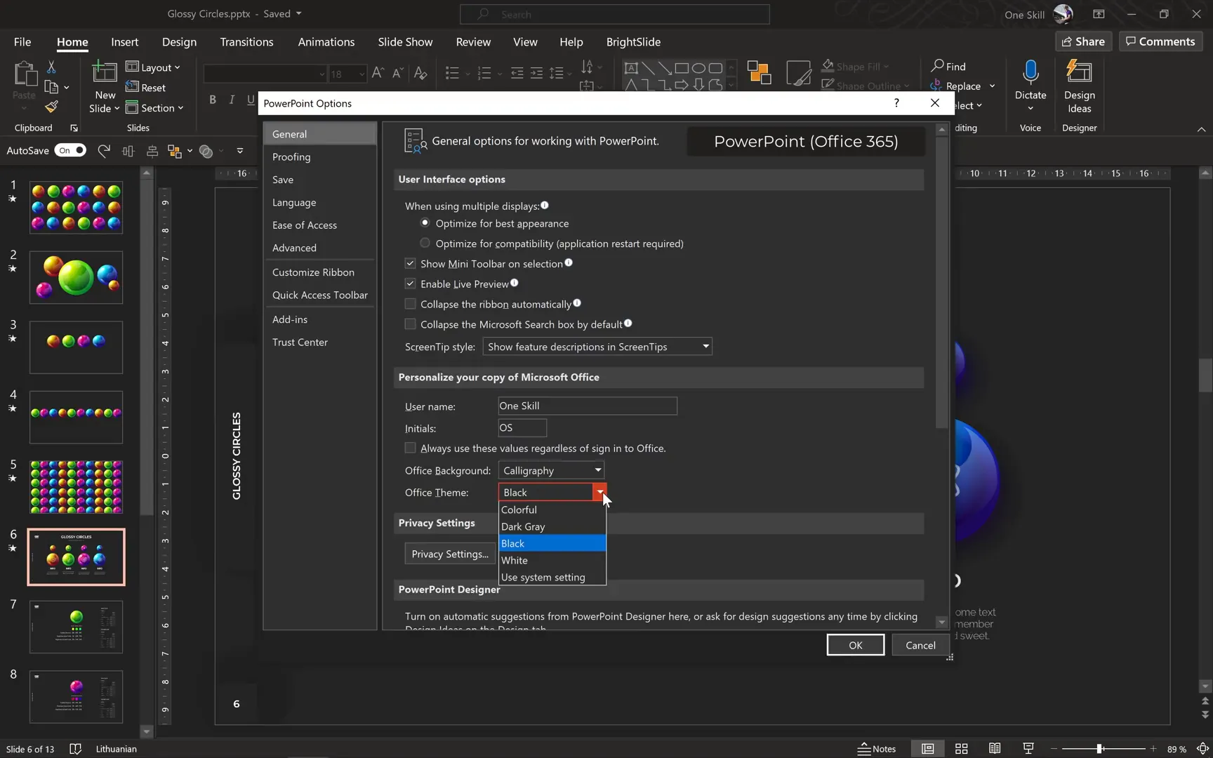 Switching PowerPoint to black theme for better design visibility
