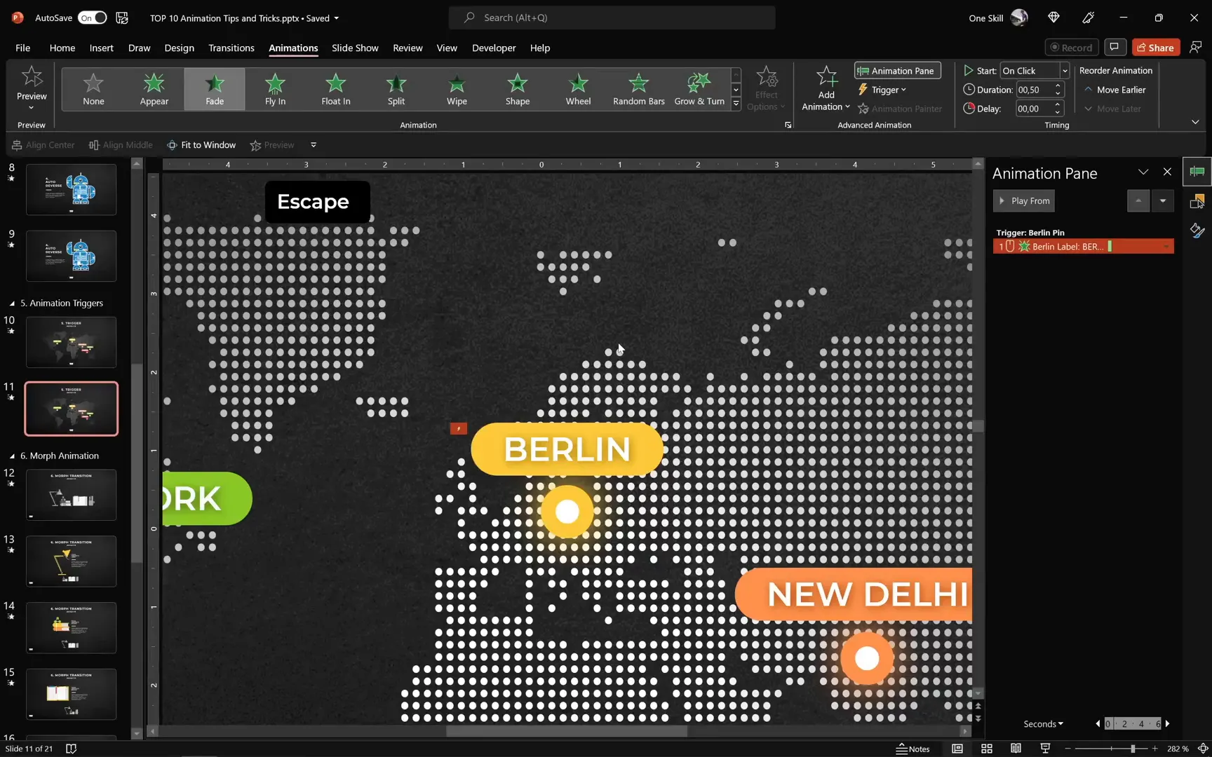 Animation trigger setup for clickable city label on map