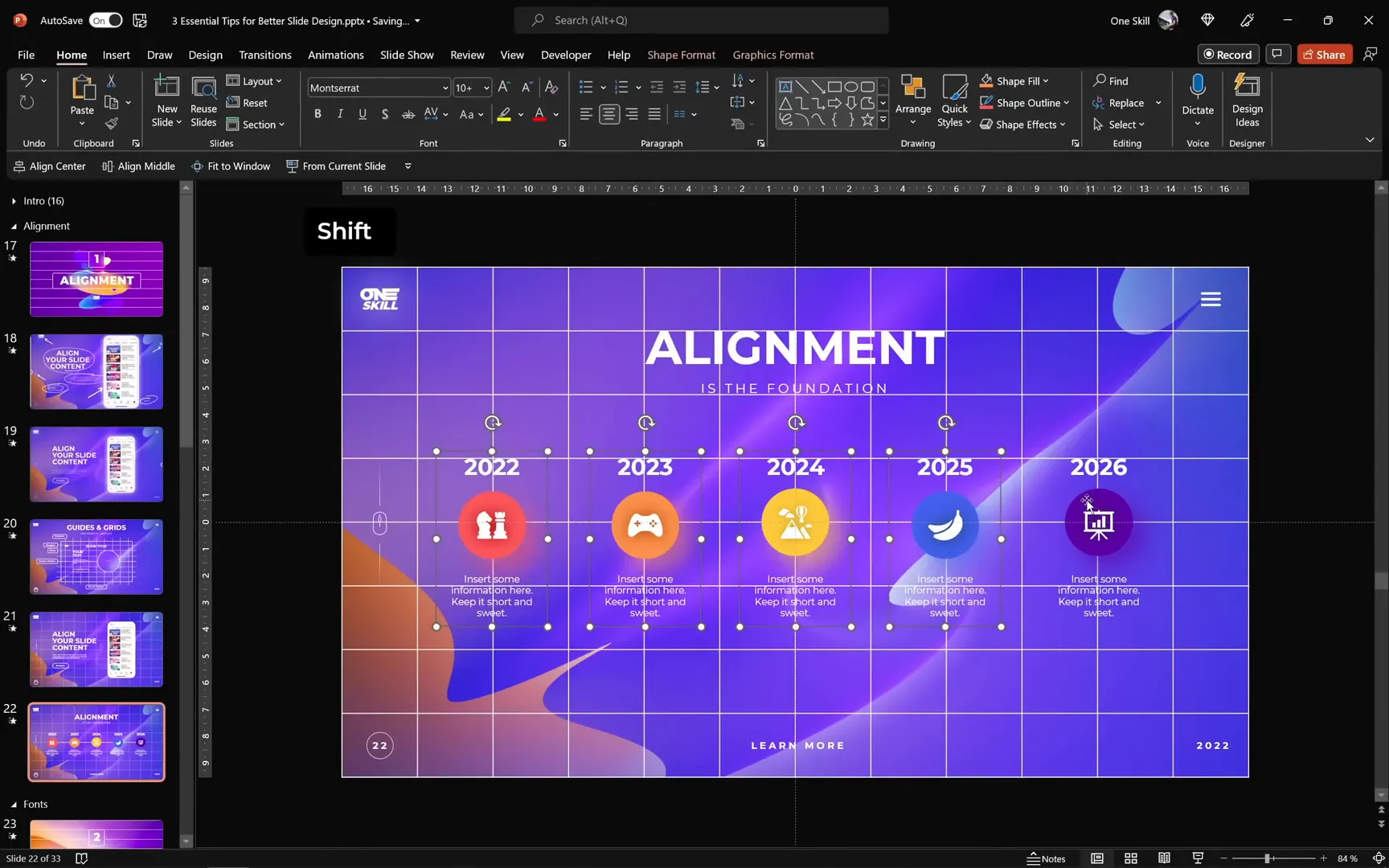 Center aligning icons and grouping elements on a timeline slide