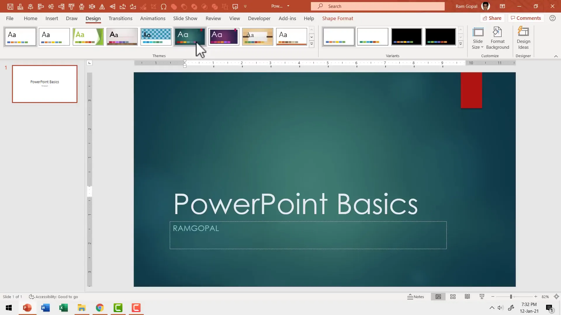 PowerPoint Design tab showing theme options with live preview